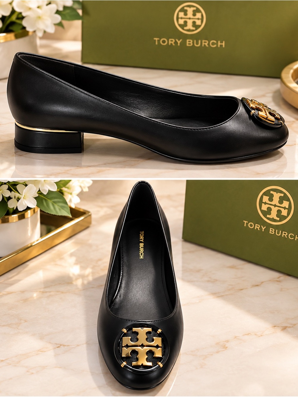 Tory Burch Black Leather Ballet Flat with Gold Logo Accent